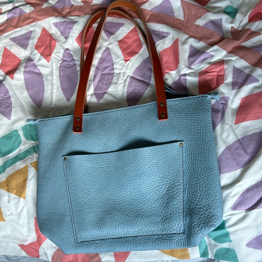 Portland Leather Co Pebbled Blue Medium Zipper Tote